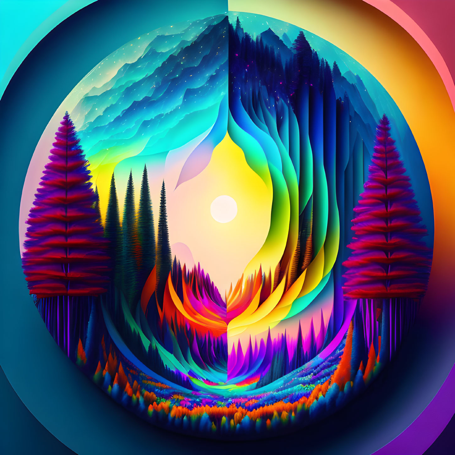 Colorful circular landscape with trees, mountains, and glowing celestial body