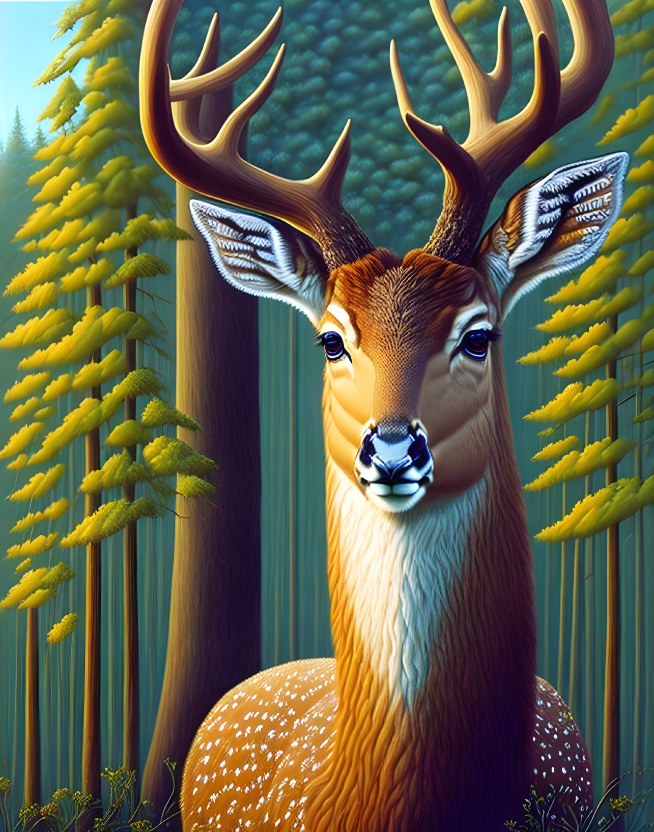 Majestic stag with large antlers in serene forest