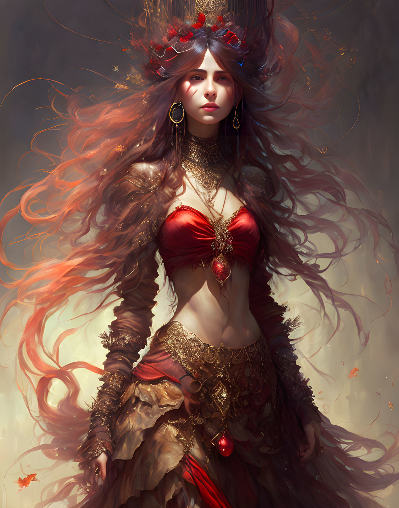 Illustrated woman in red and gold attire with mystical aura on hazy backdrop