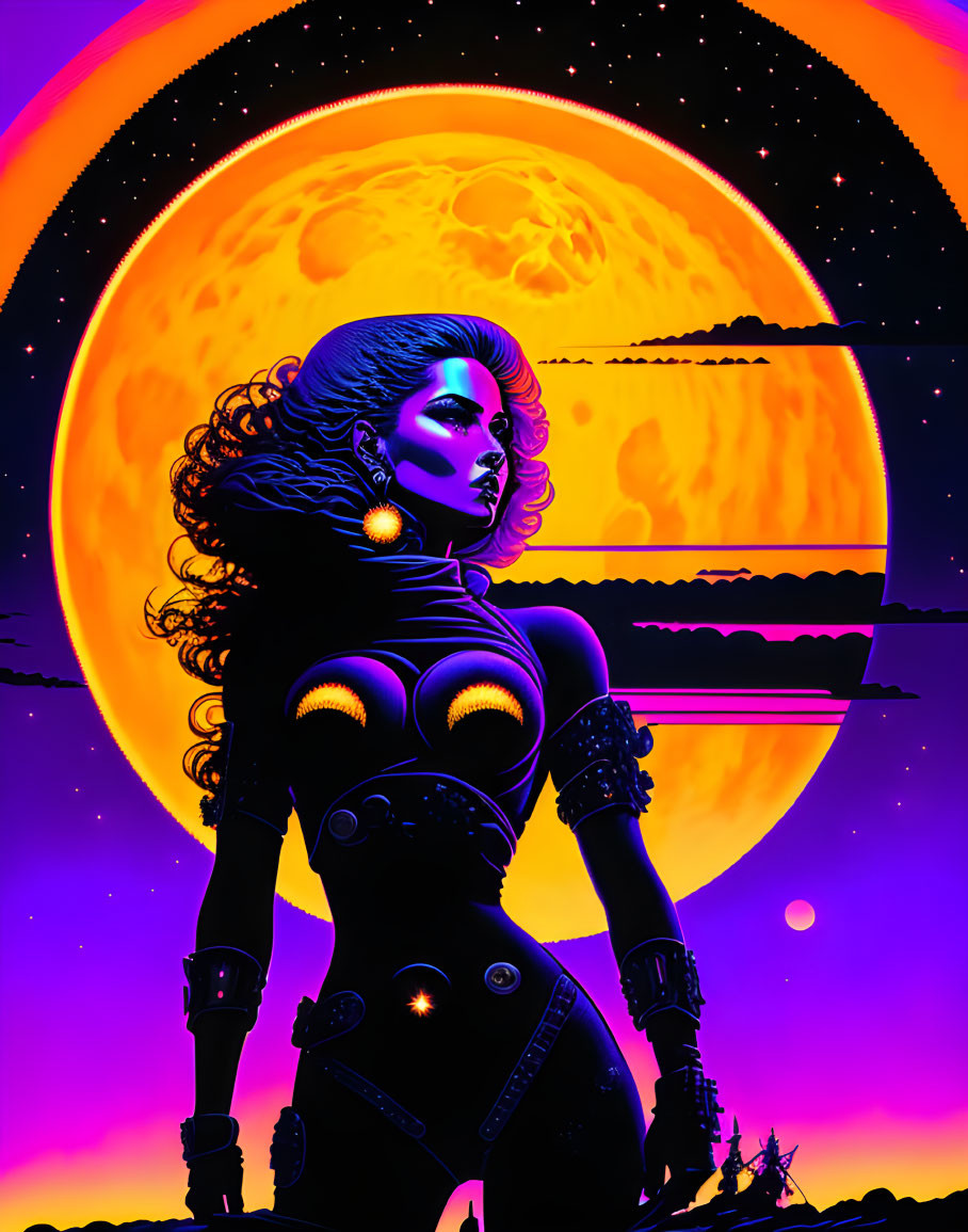 Futuristic woman in armor with voluminous hair under purple sky