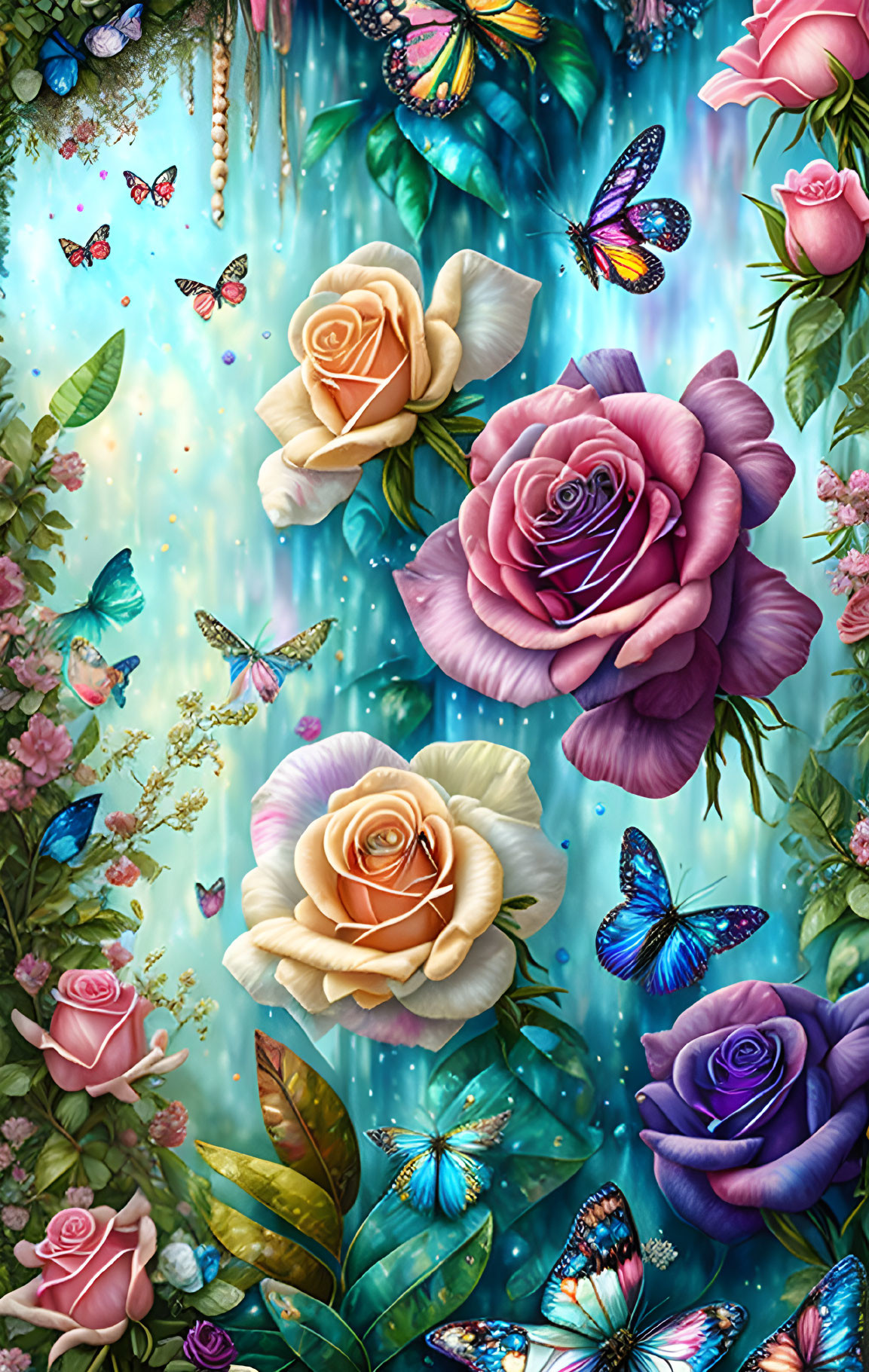 Colorful roses and butterflies on teal background with bokeh lights