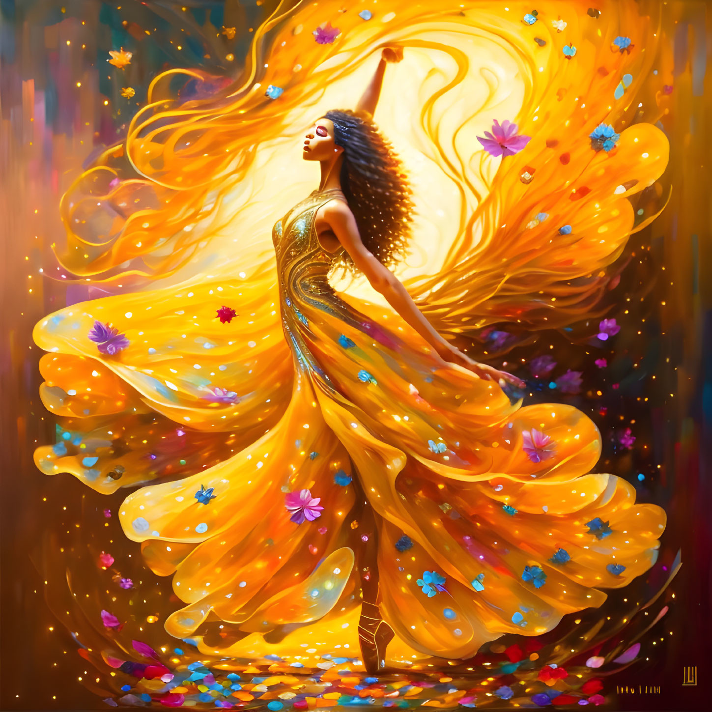 Golden dress woman dancing under shower of light and petals