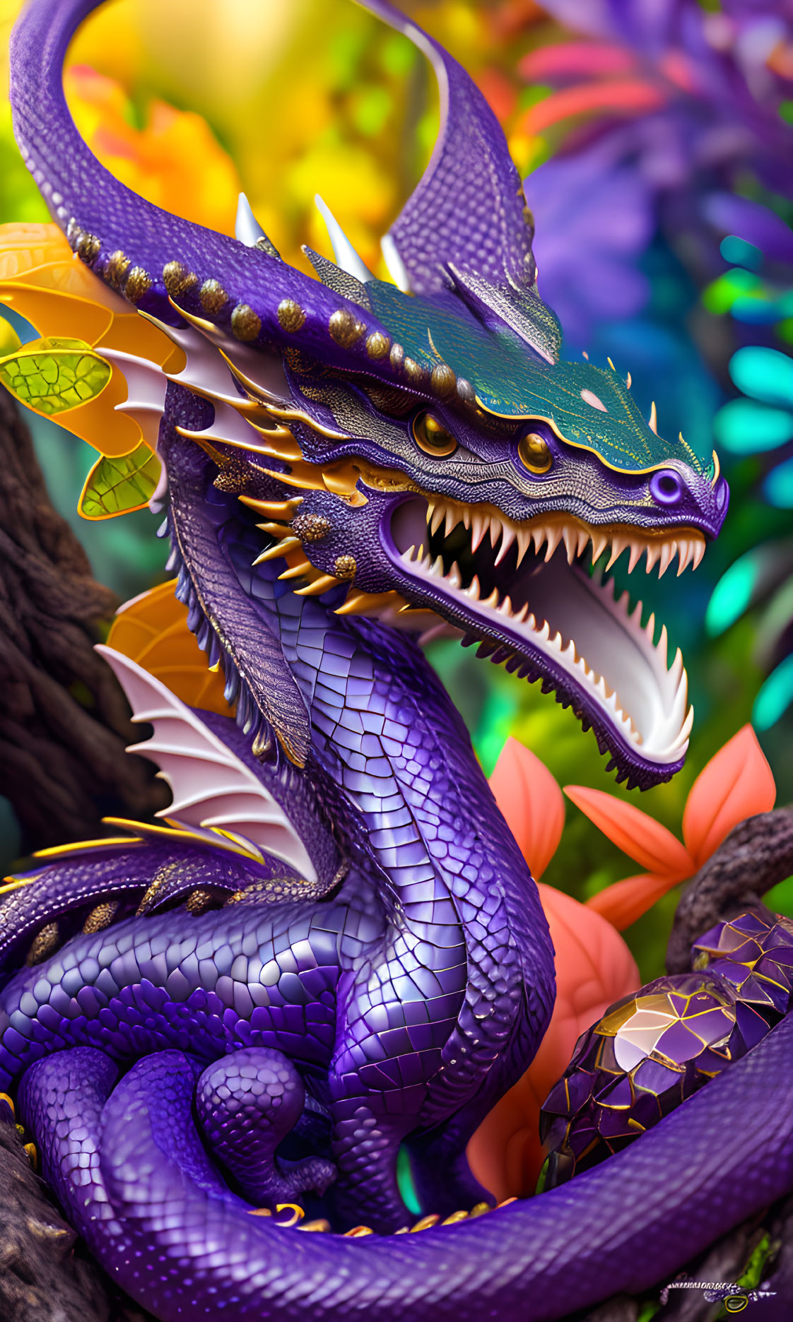 Colorful Purple Dragon Coiled Around Tree in Mystical Forest