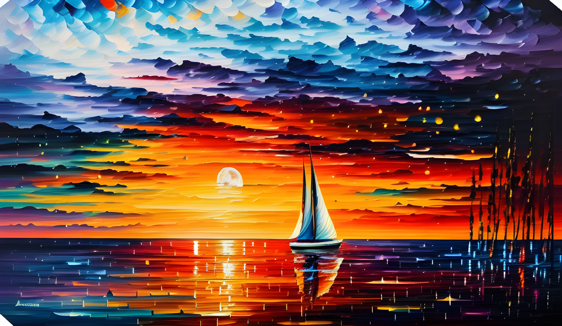 Colorful Sailboat Painting on Calm Waters at Sunset