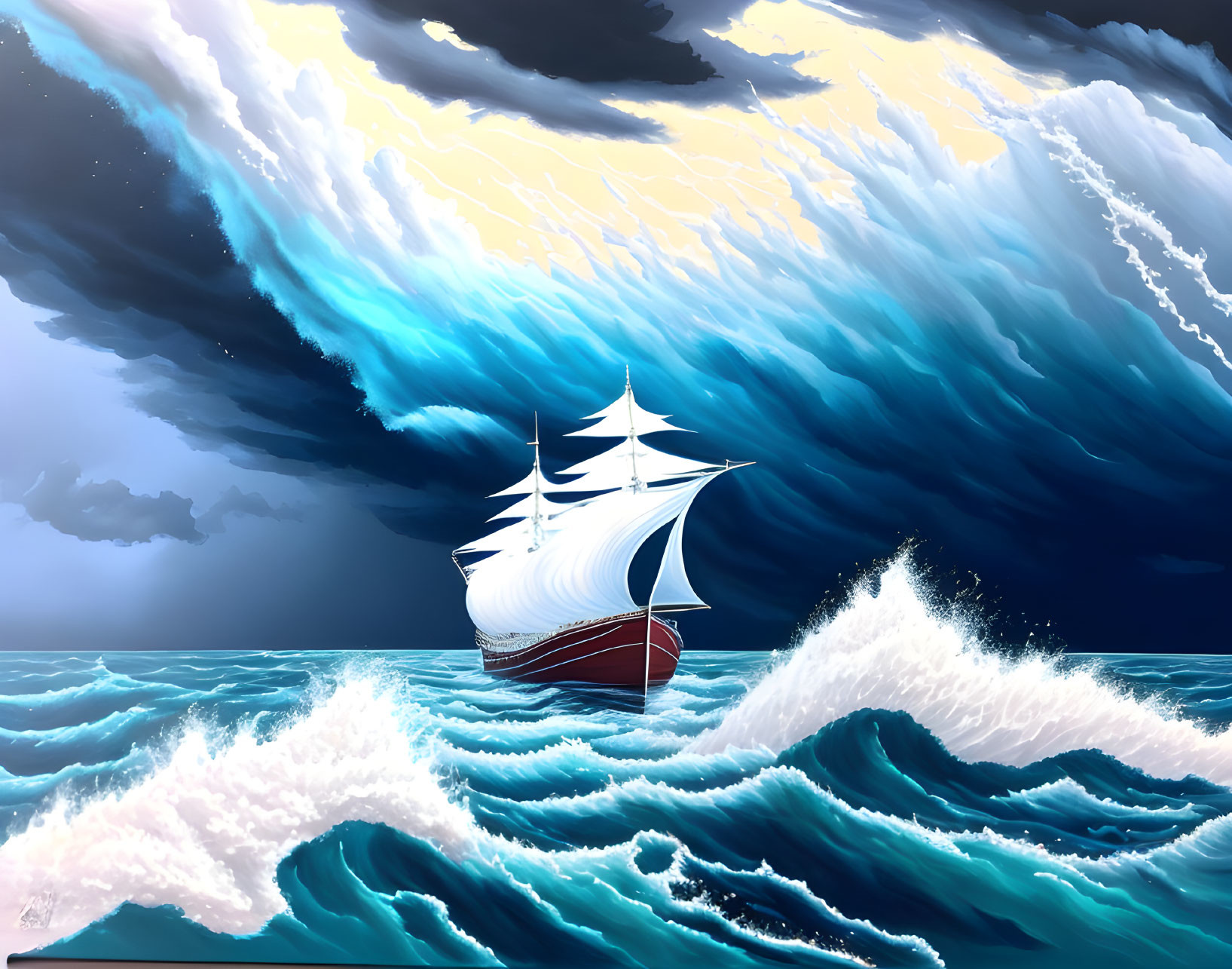 Majestic sailing ship navigating turbulent blue waves