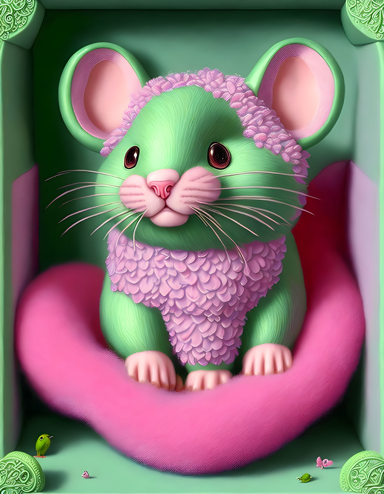 Whimsical green mouse with pink features in box with heart-shaped tail