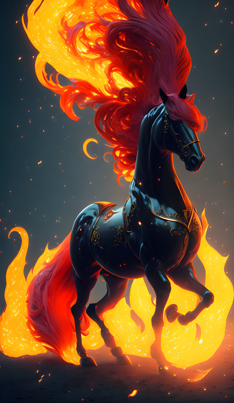 Black horse with red mane rearing in flames