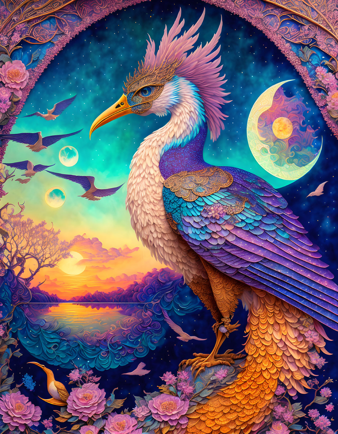 Detailed illustration of majestic bird in fantasy setting