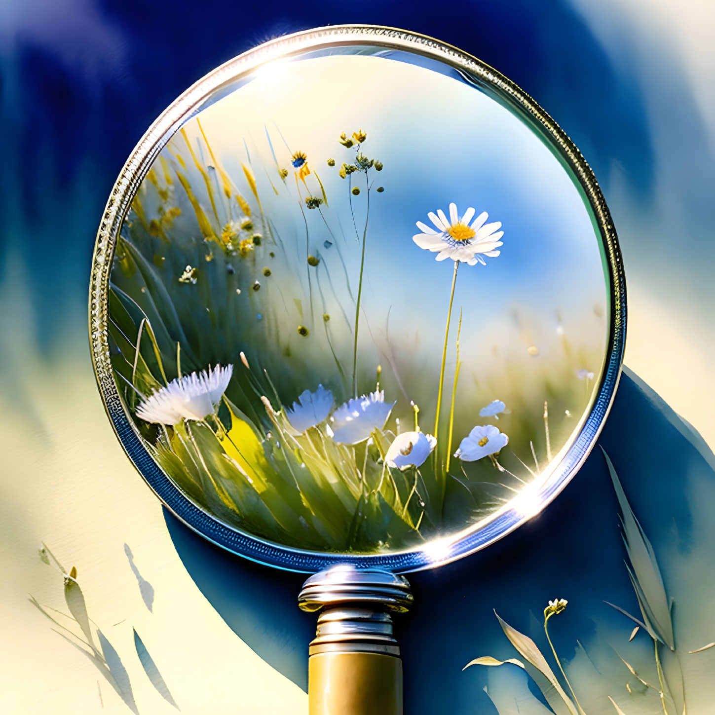 Magnifying glass on bright daisies in blue and yellow field