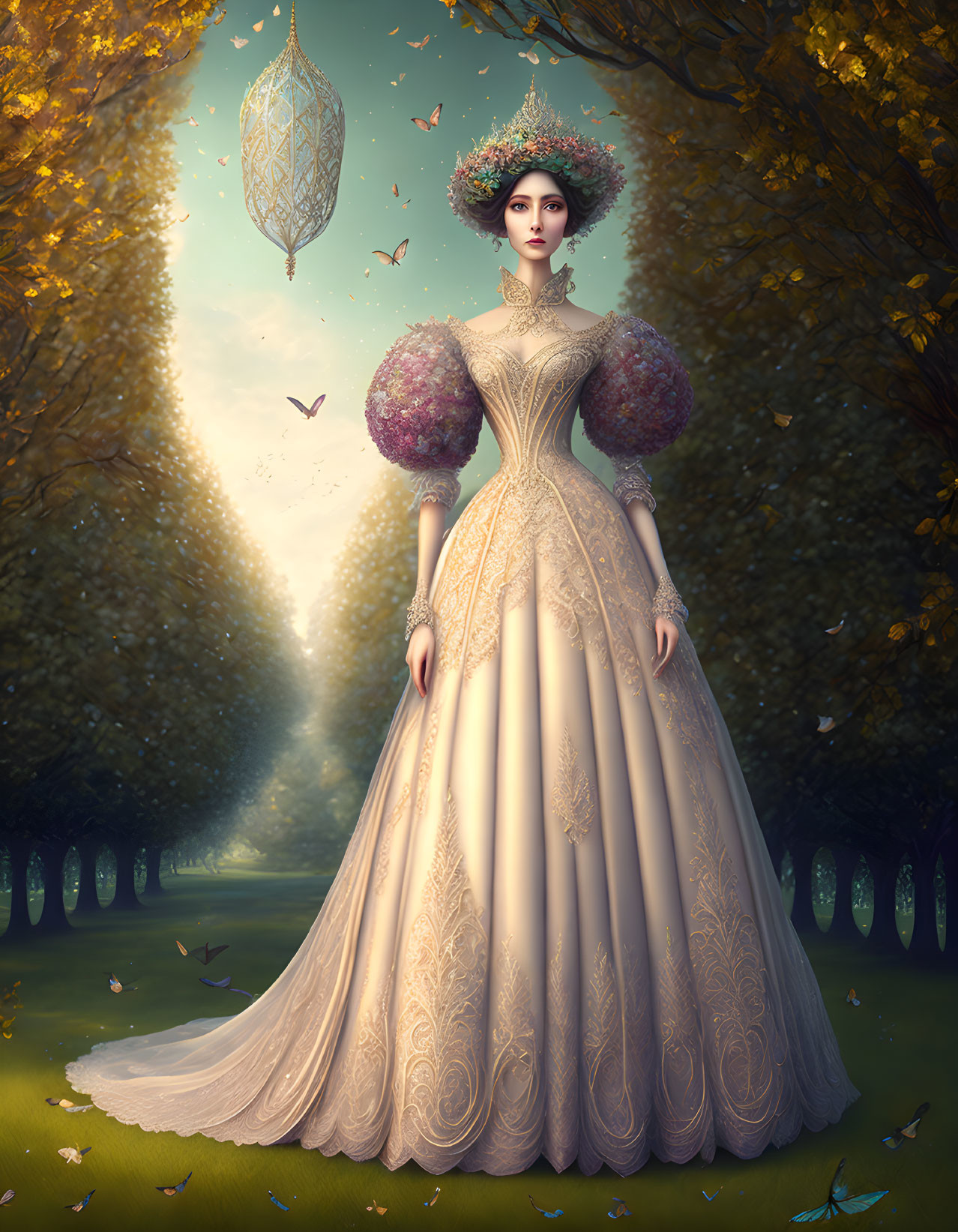 Woman in white gown surrounded by butterflies in mystical forest