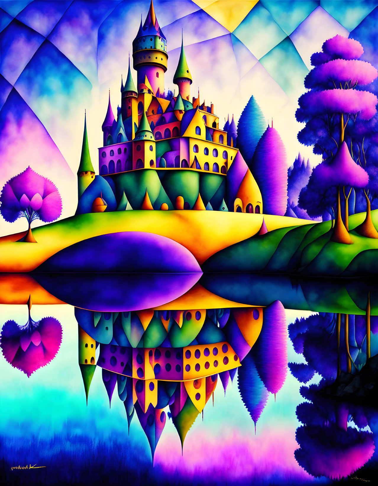 Colorful Surrealist Painting: Castle and Trees Reflected in Water