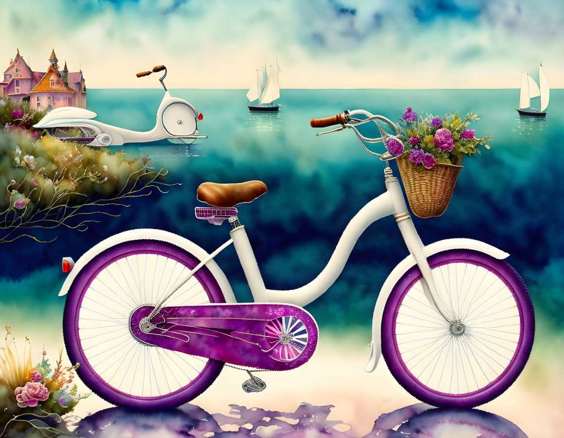 Whimsical artwork: white bicycle, purple details, floating castle, sailboats, pastel sea