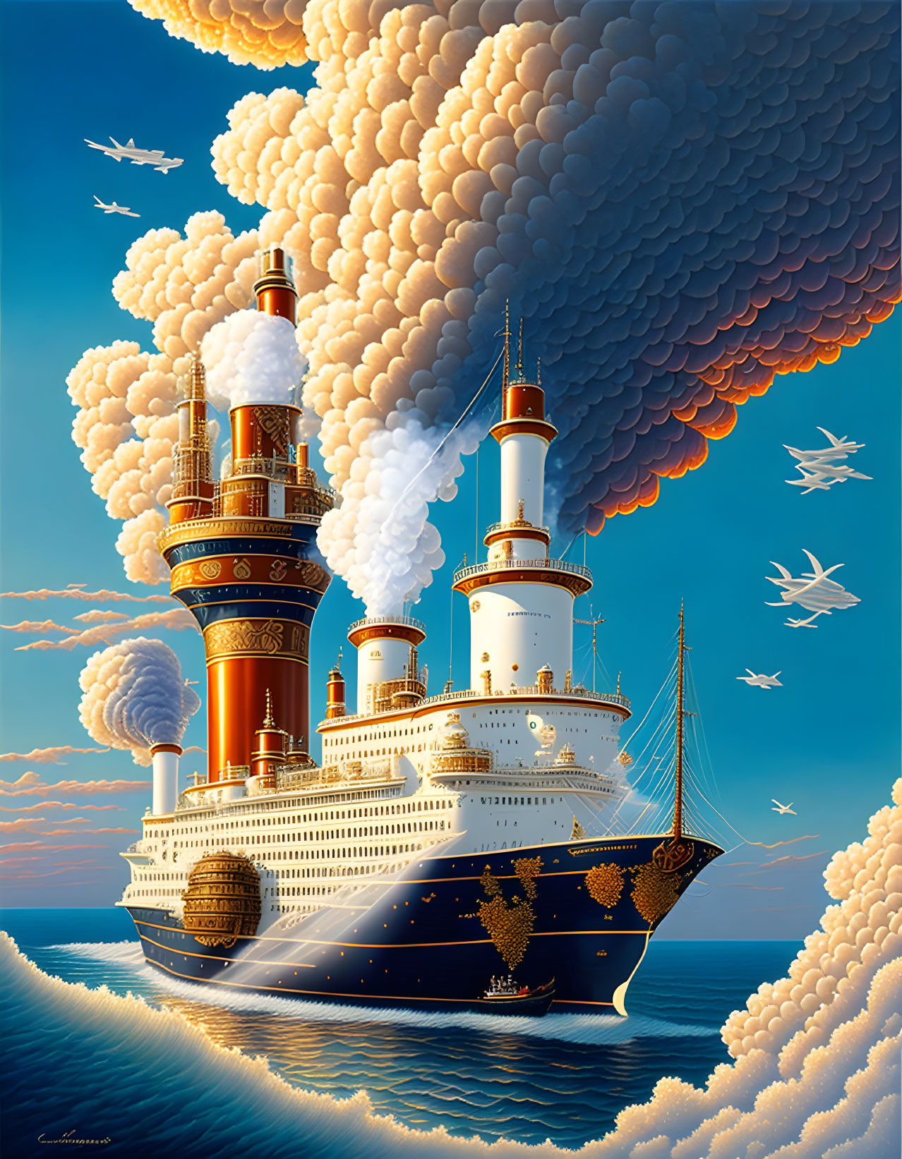 Elaborate fantastical ship sailing on calm sea