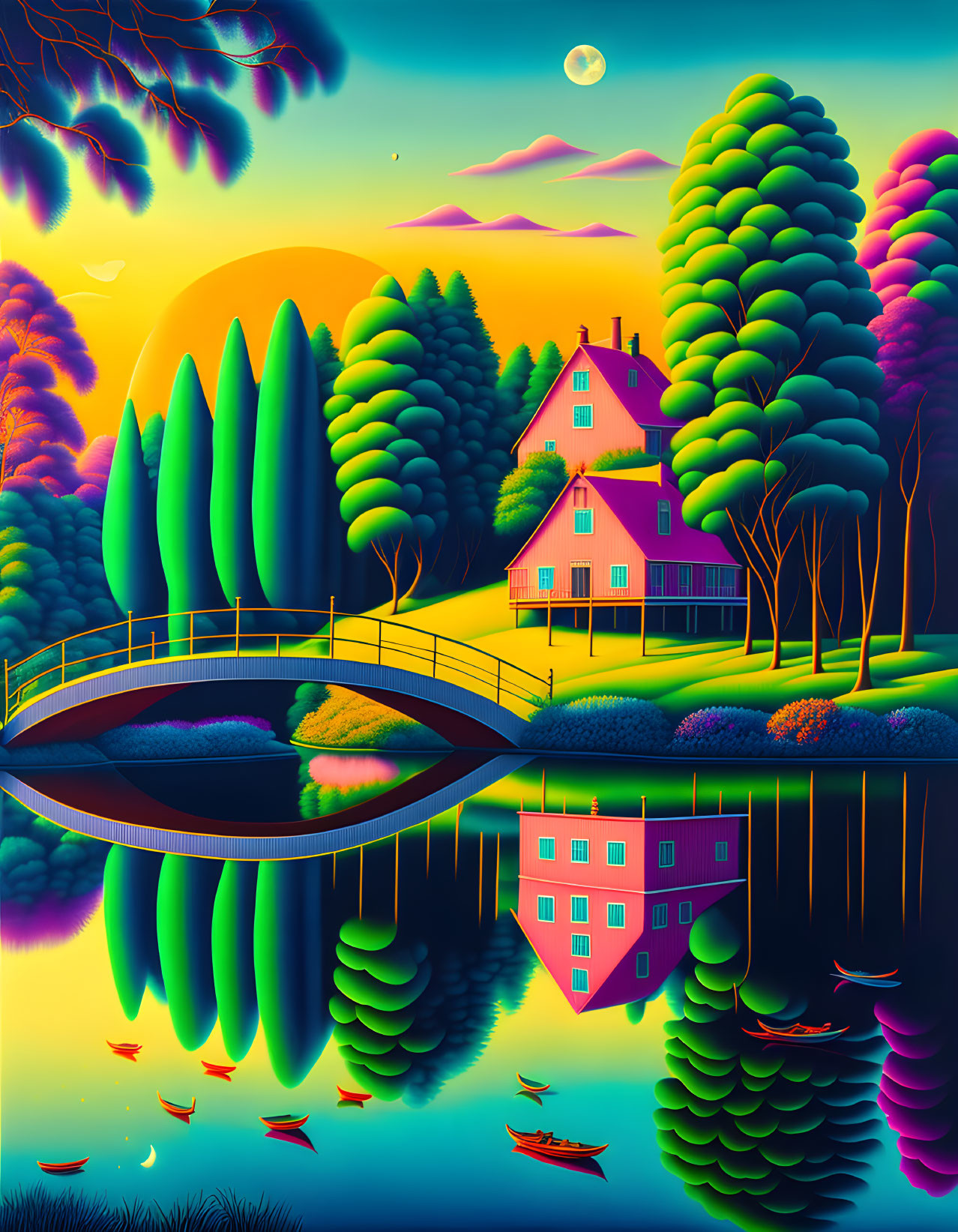 Colorful surreal landscape with house, lake, bridge, birds, and crescent moon.