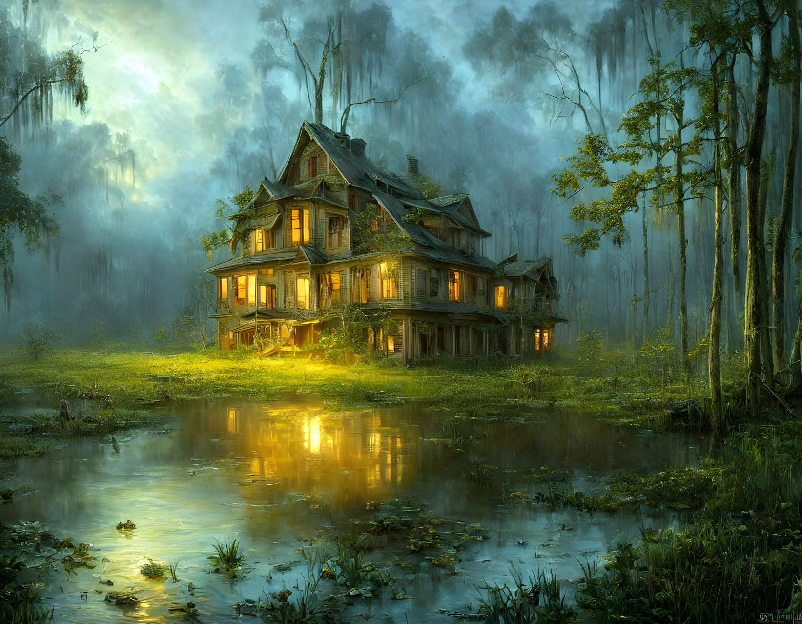 Ethereal forest scene: old house by pond at twilight