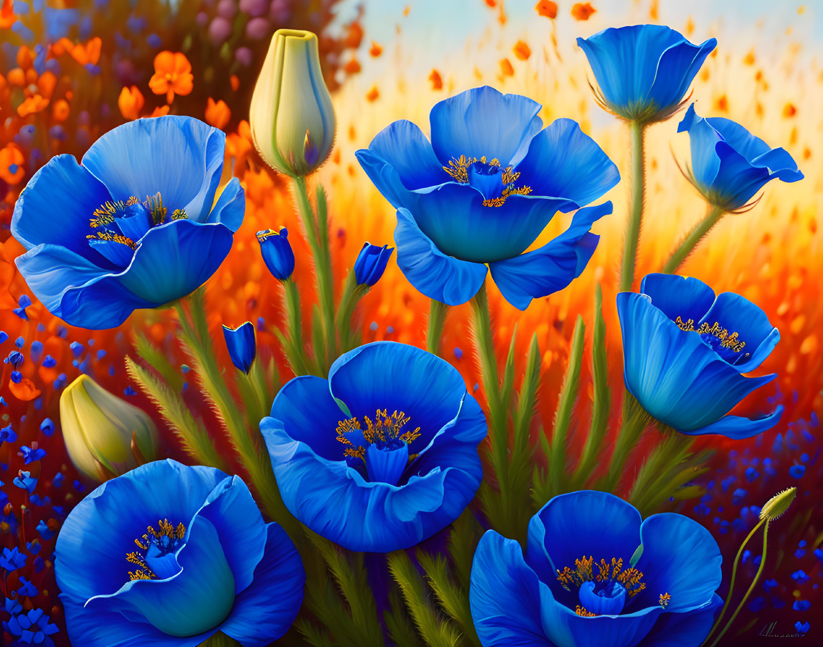 Detailed blue poppies digital art with golden stamens on fiery red and orange bokeh