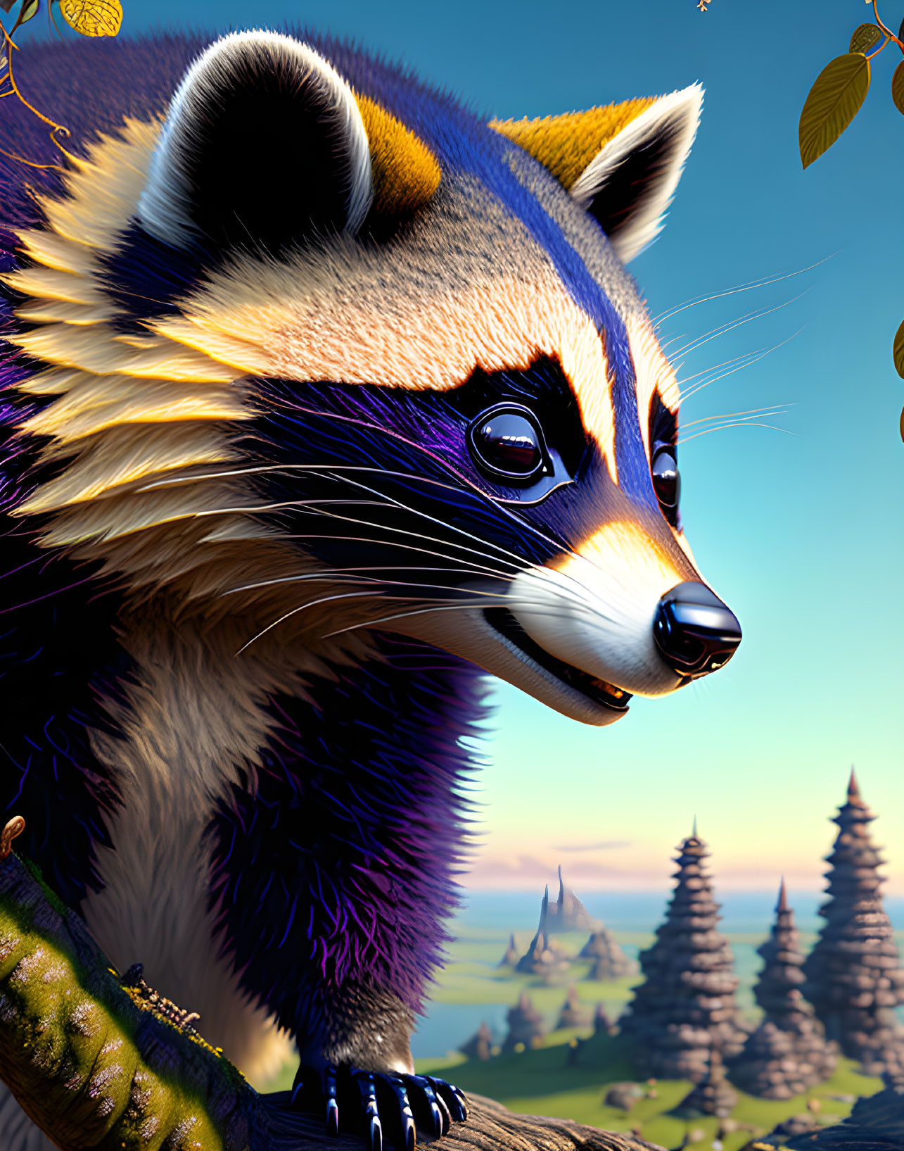 Vivid Purple Highlights on 3D-Rendered Raccoon in Natural Setting