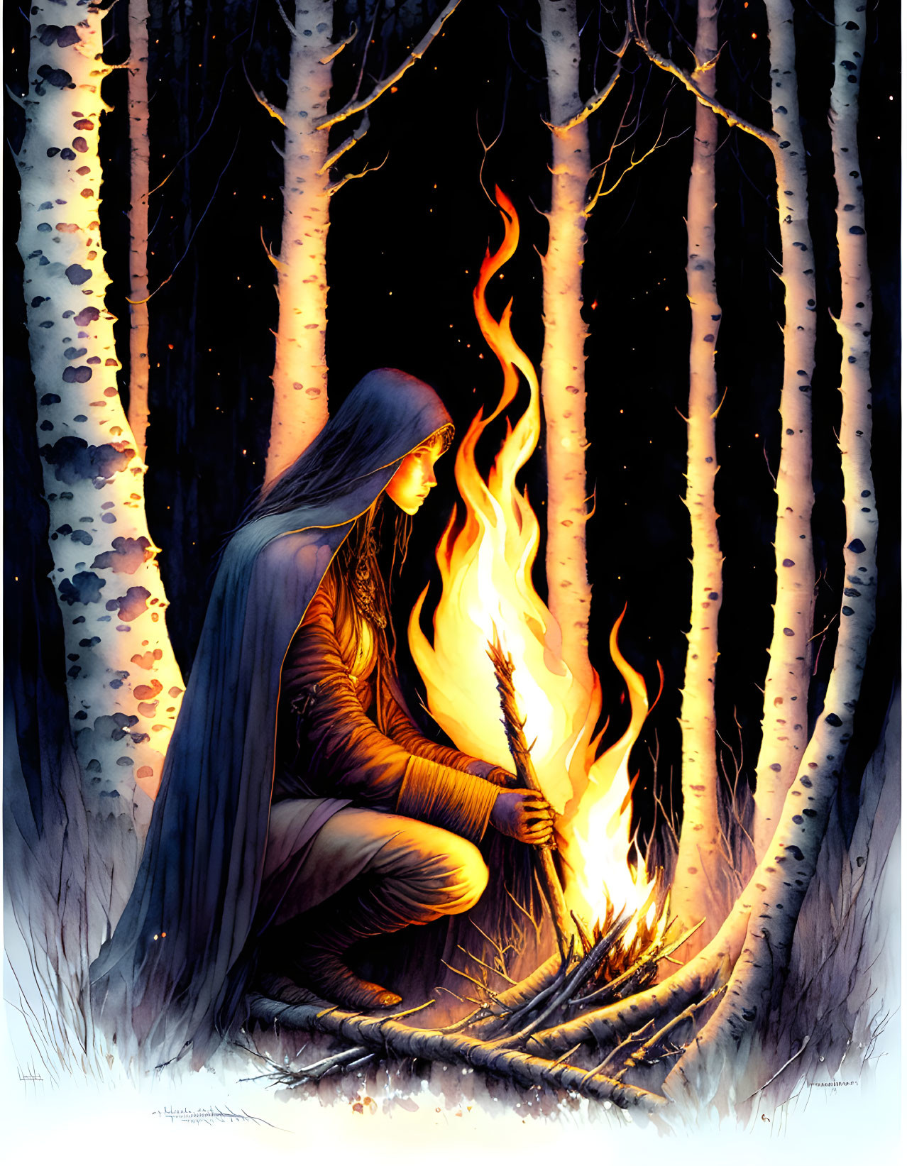 Cloaked Figure by Campfire in Birch Tree Forest at Night