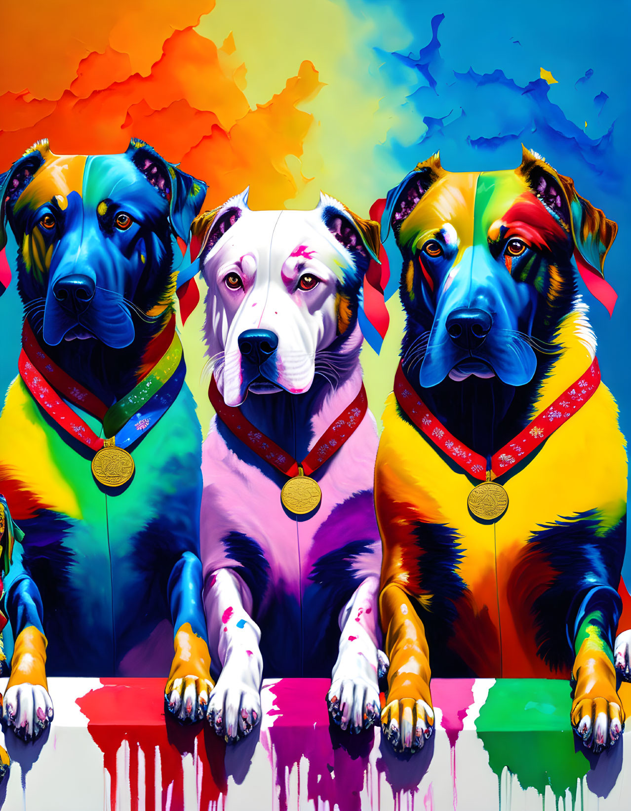 Colorful Dogs with Medals on Vibrant Background