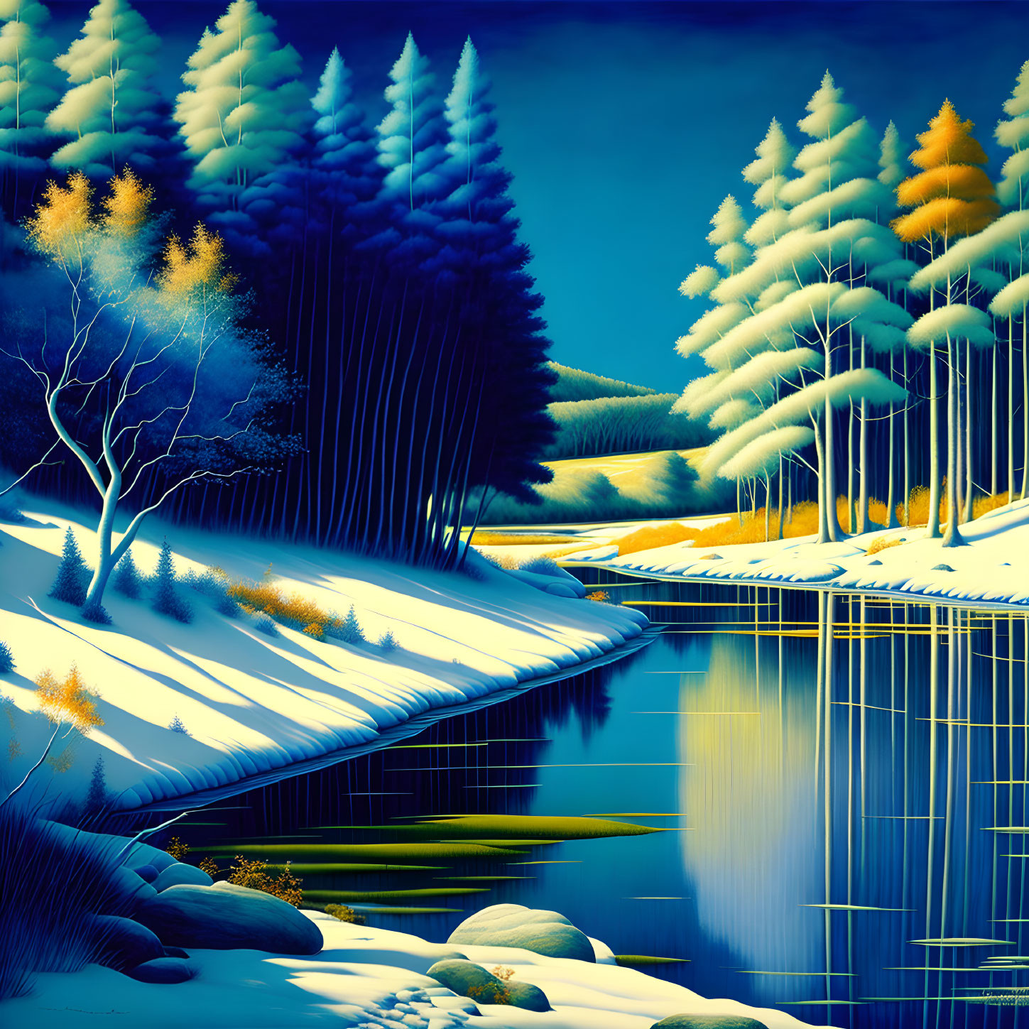 Surreal landscape with blue and gold pine trees by tranquil river