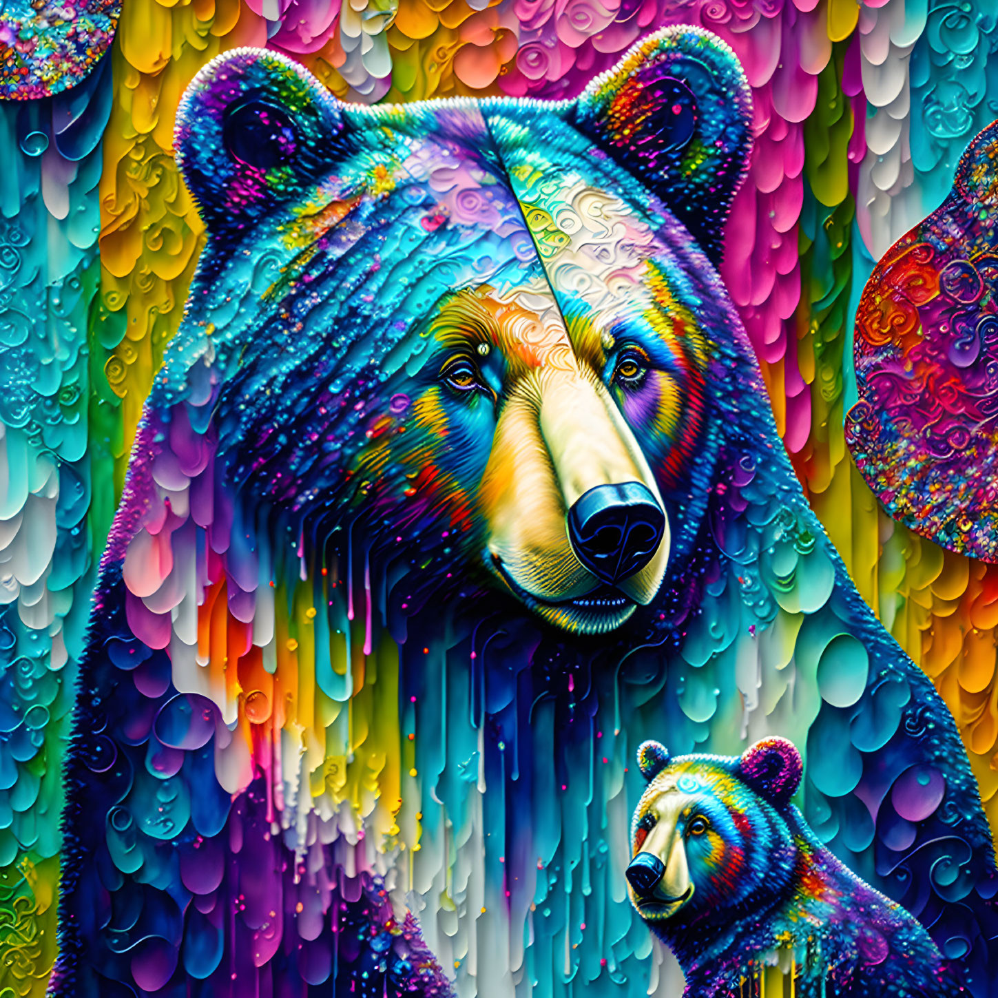 Colorful artwork of two bears with psychedelic paint effect on rainbow background