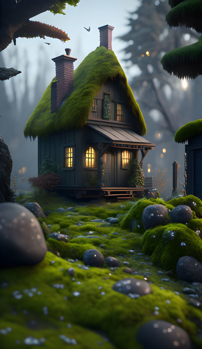 Enchanting cottage in magical forest with moss-covered roof