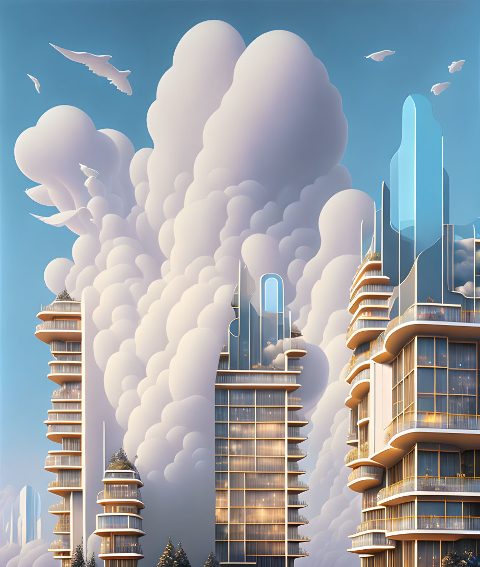 Futuristic cityscape with towering buildings under clear sky and massive cloud formation.