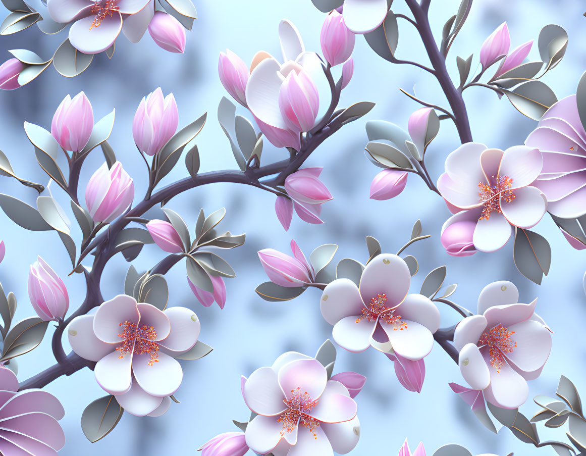 Detailed soft pink magnolia flowers on pastel blue background