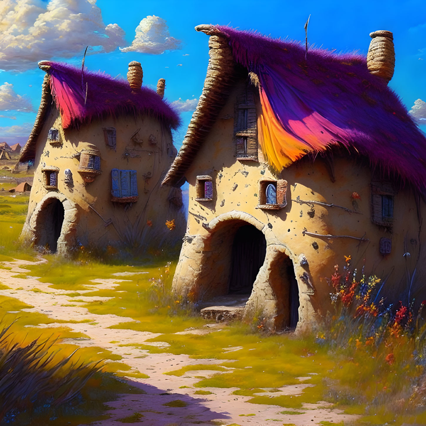 Whimsical round houses with purple thatched roofs in vibrant fantasy landscape