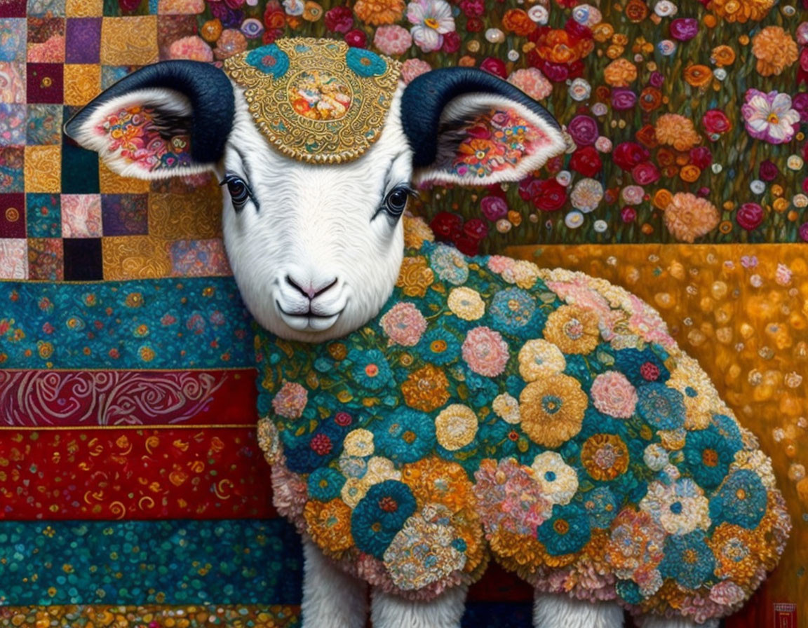 Colorful Stylized Sheep Artwork with Floral Patterns