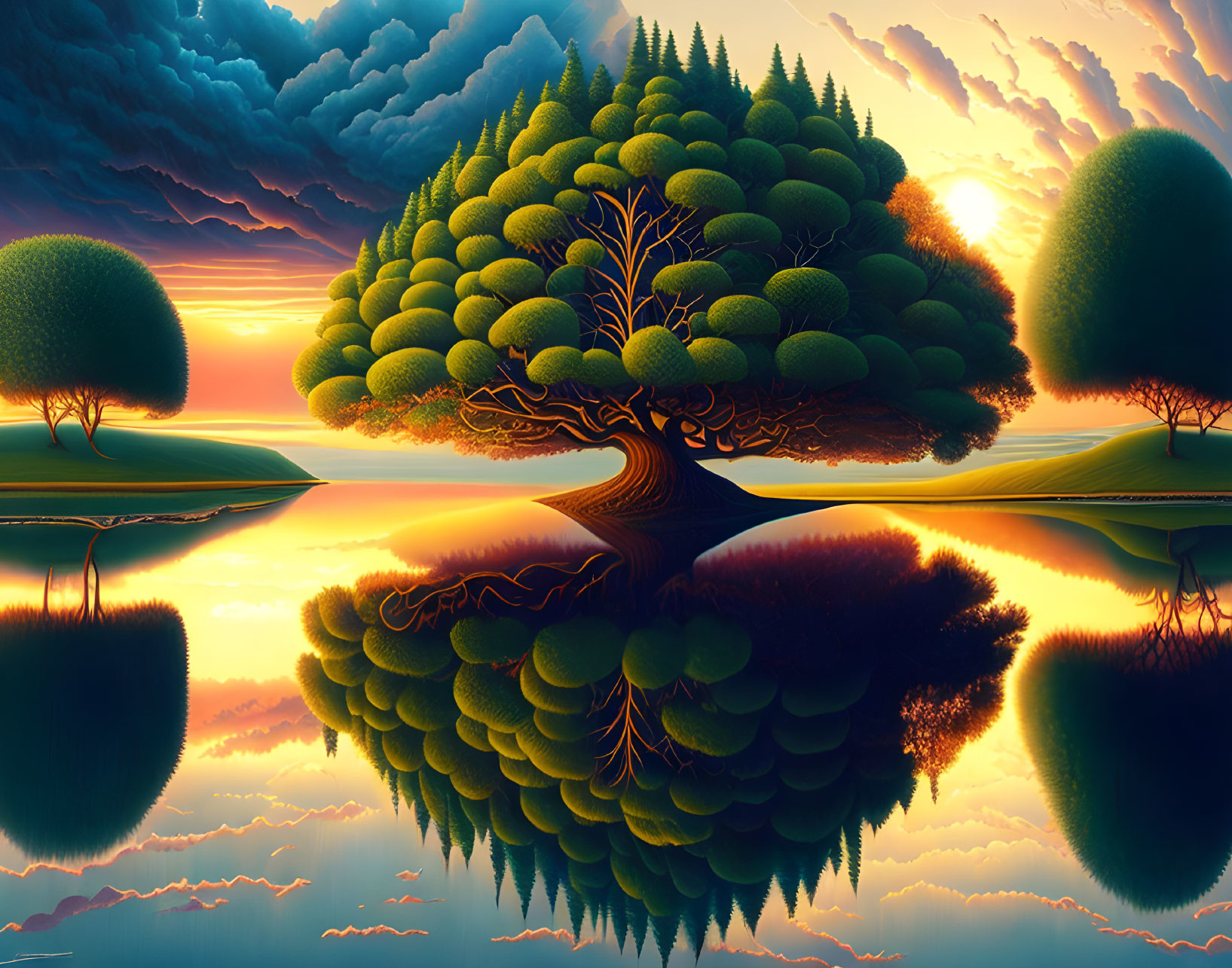 Symmetrical tree in surreal landscape with sunset and stormy sky