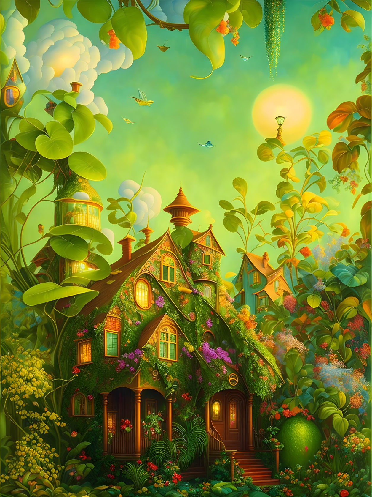 Colorful garden illustration with cottage, flowers, birds, and glowing sky