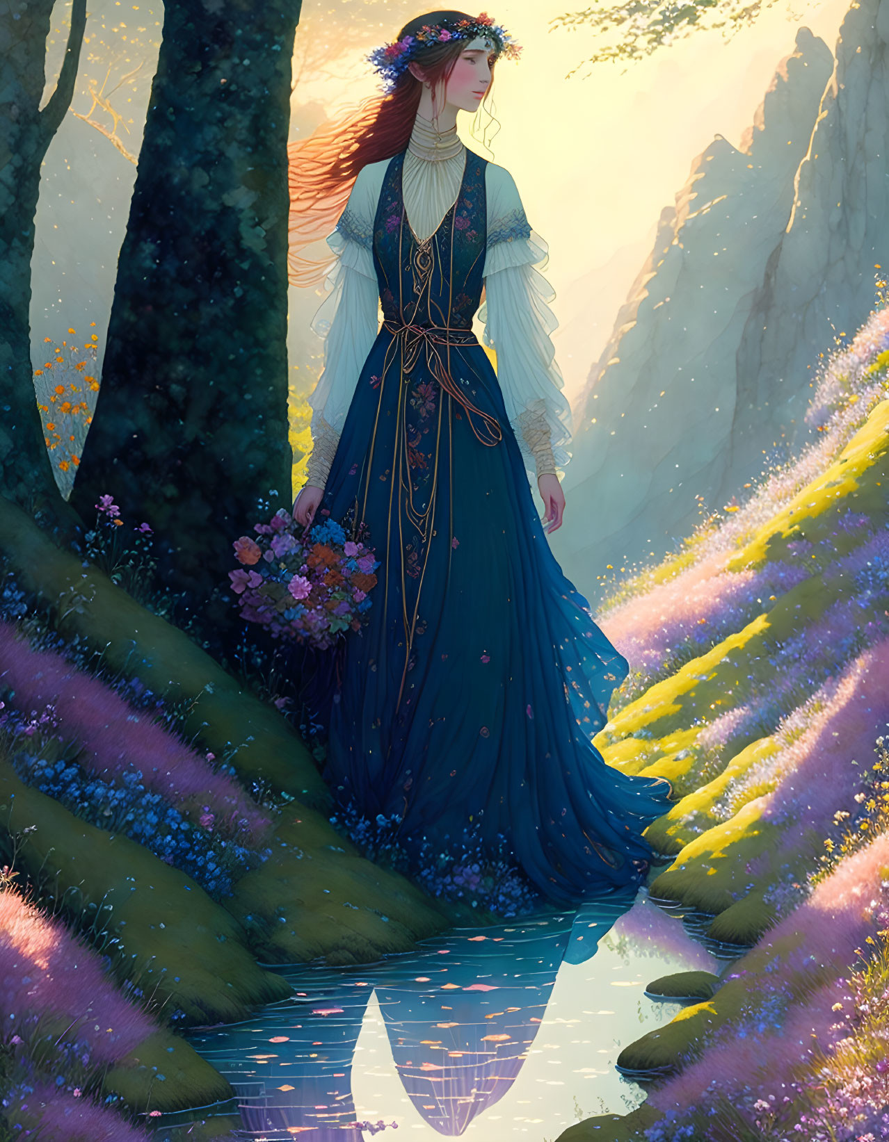 Woman in Blue Dress in Enchanted Forest Scene