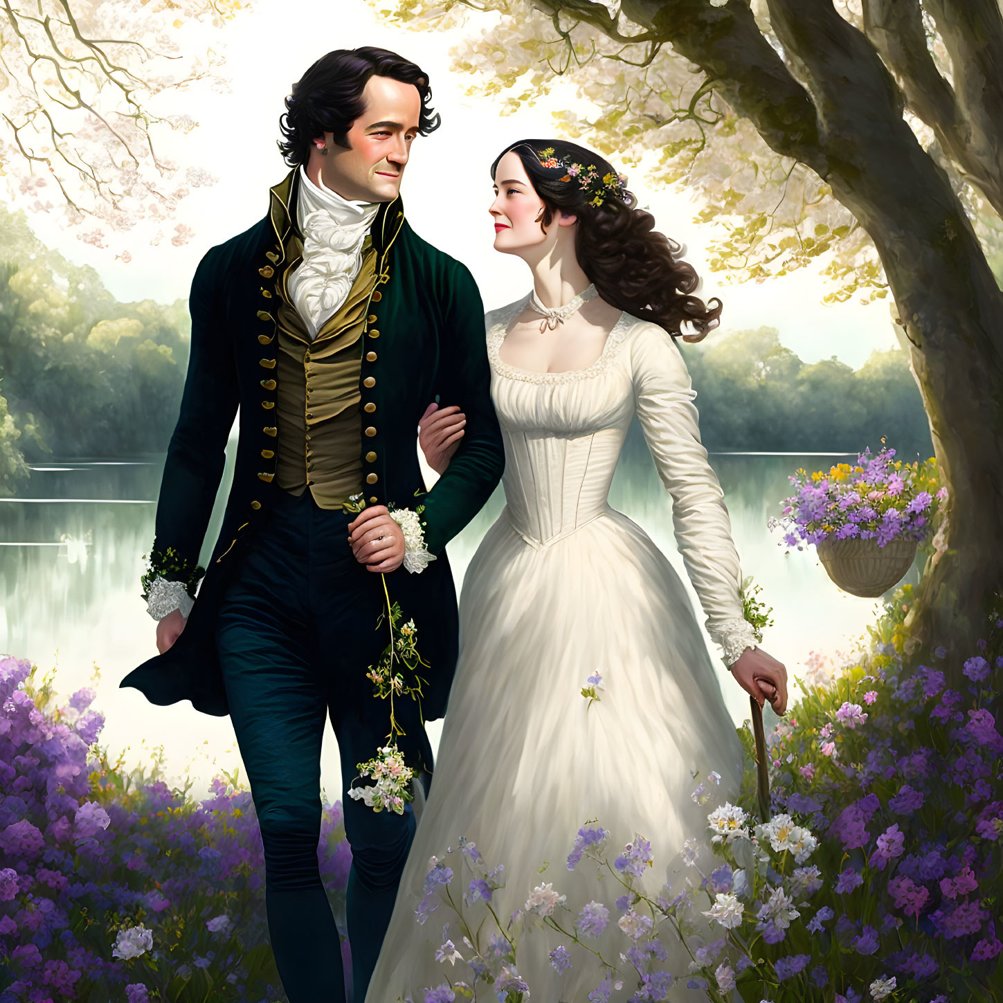 Romantic couple in historical attire walking by blooming flowers and serene lake