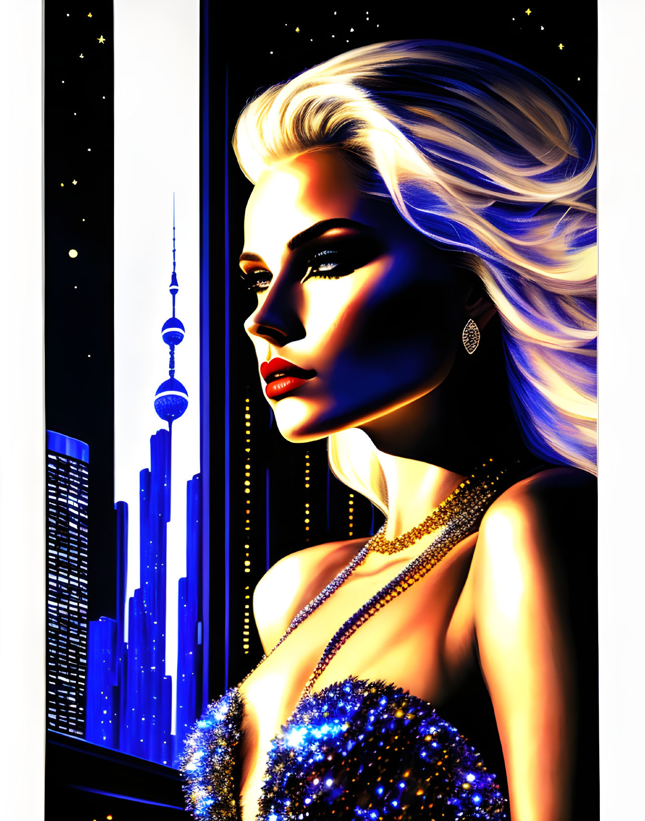 Glamorous woman with blond hair in city skyline backdrop