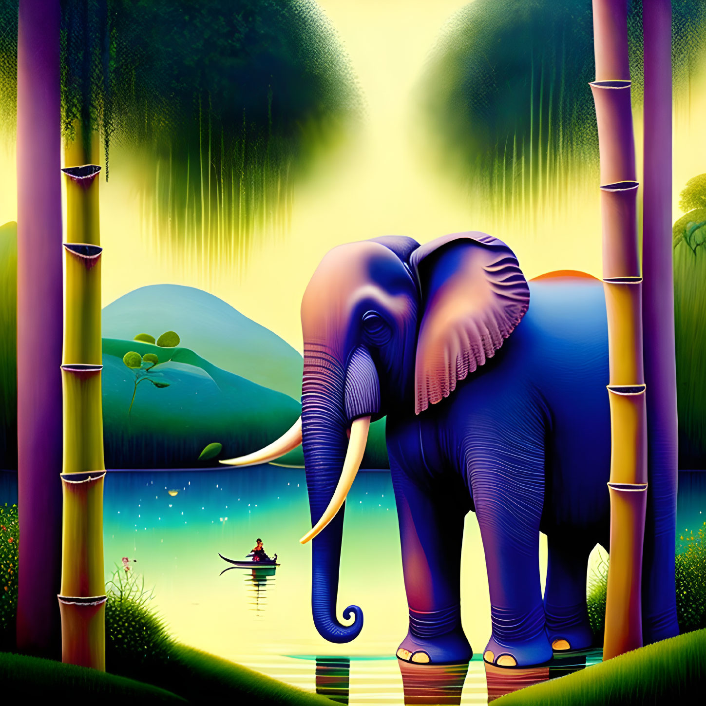 Illustrated elephant by water with boat and hills in green and purple sky