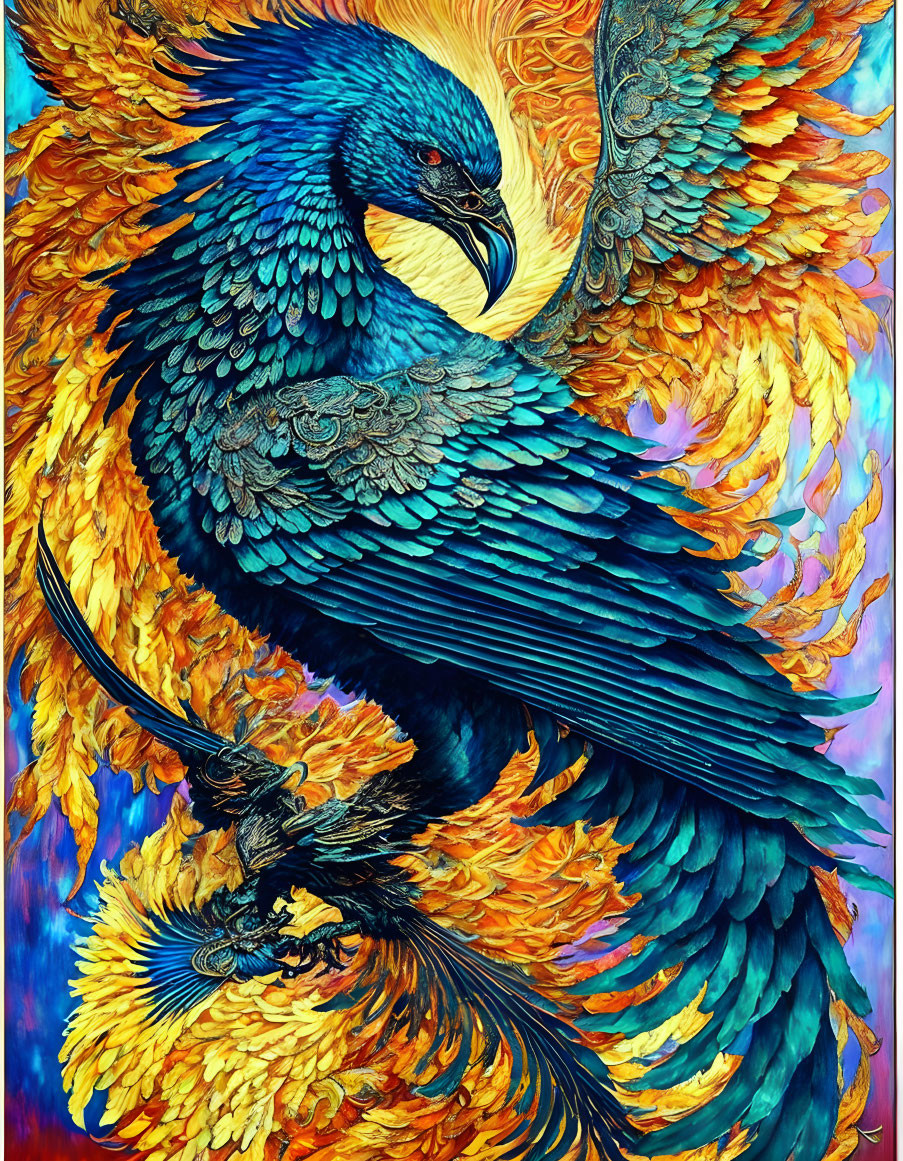 Colorful Mythical Bird Painting with Blue and Orange Plumage