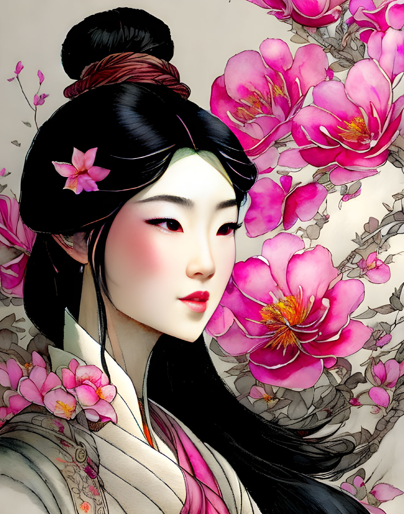 Elegant woman with traditional hairstyle among vibrant pink blossoms