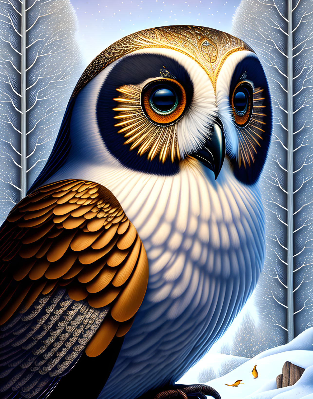 Detailed illustration of majestic owl with blue eyes in snowy forest