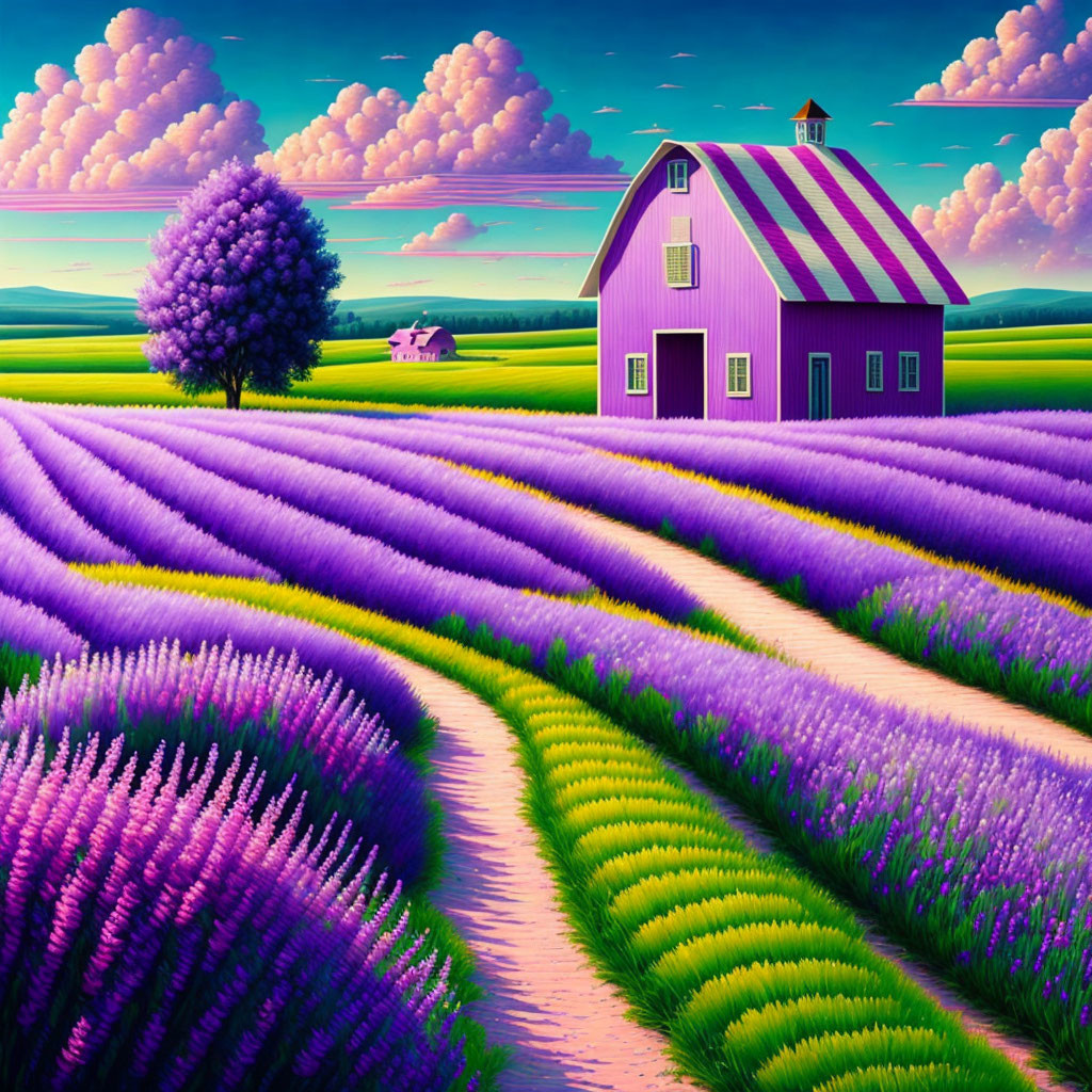 Beautiful Lavender Fields with Pink Barn Under Blue Sky