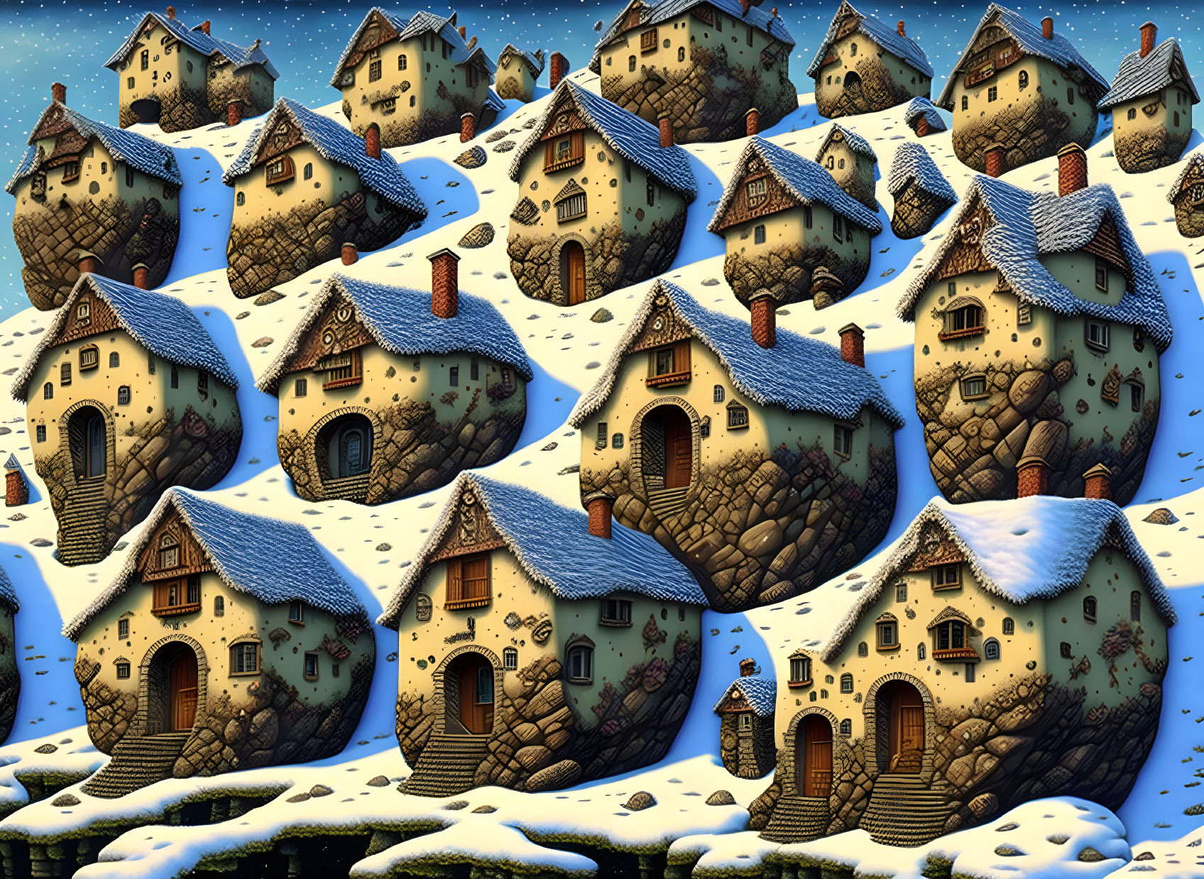 Snow-covered stone houses in whimsical village under starry night sky