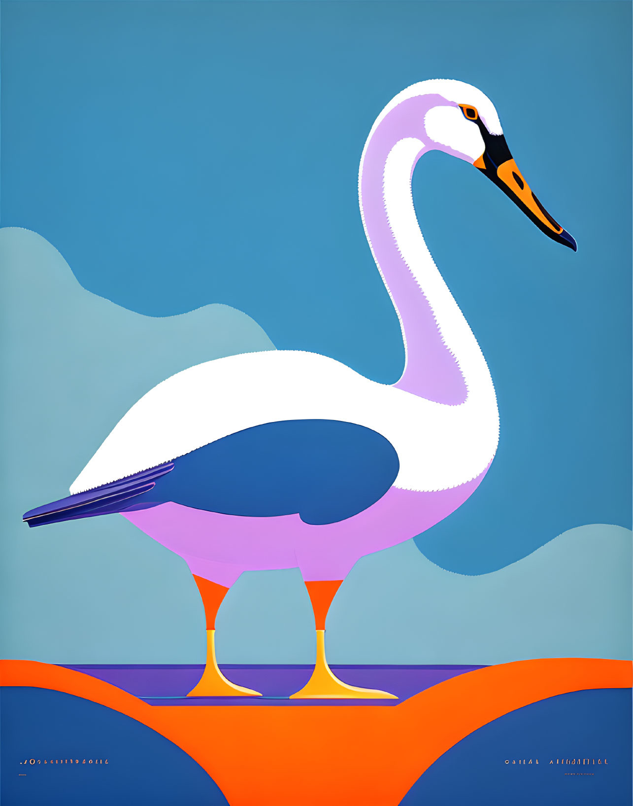 Stylized white swan with long neck and orange legs on blue backdrop