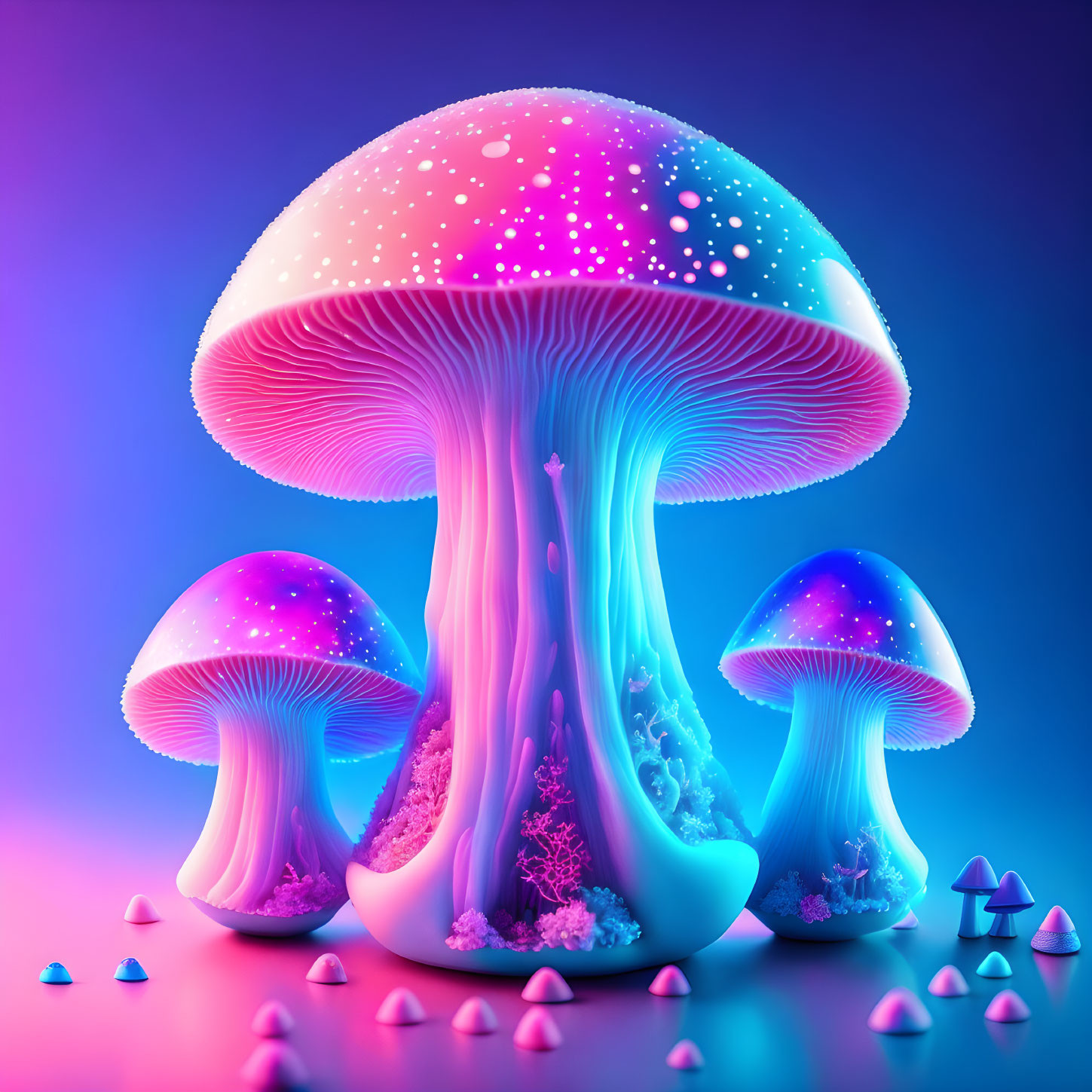 Fantasy-themed glowing neon mushrooms in pink, purple, and blue hues on gradient backdrop