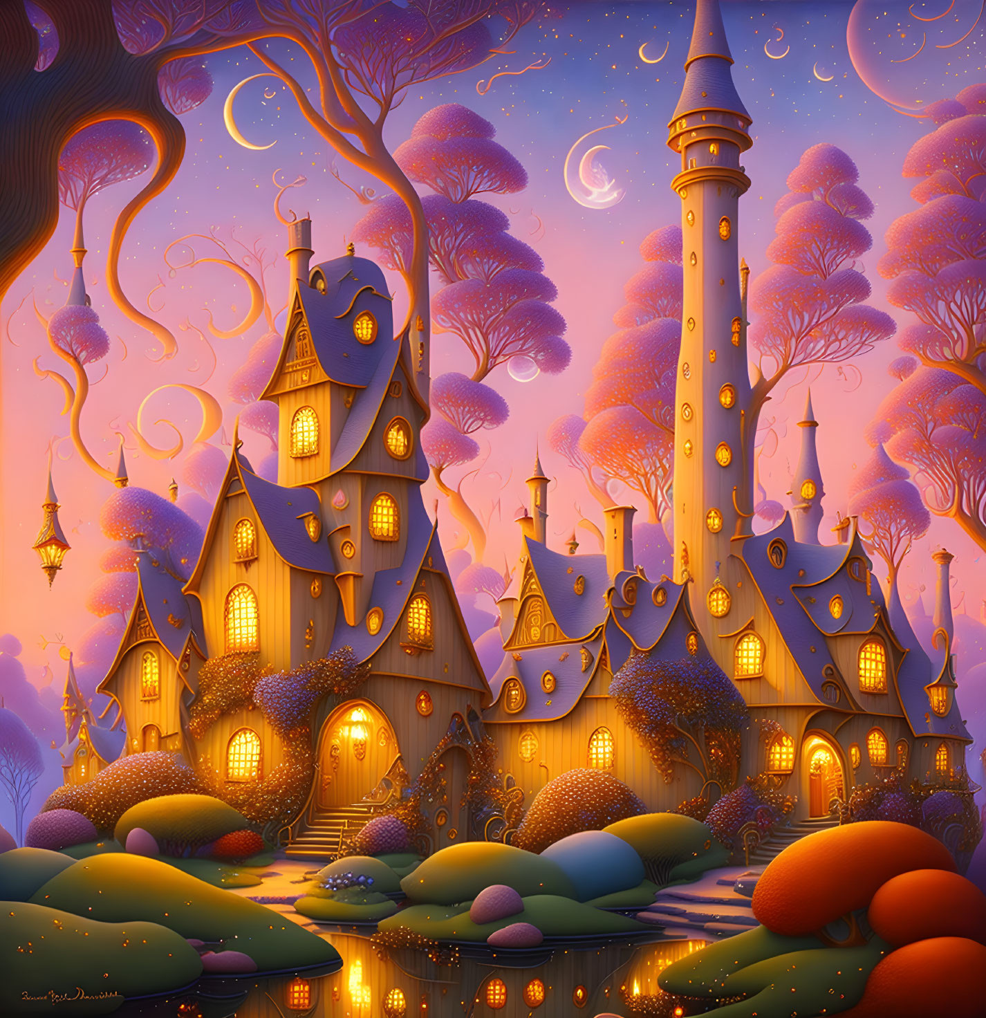 Whimsical fantasy cottage with tall towers and glowing windows