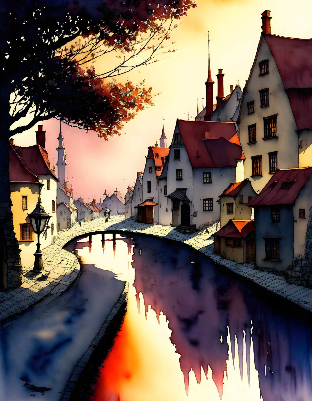 Colorful village illustration: Curving river, sunset sky, autumn leaves