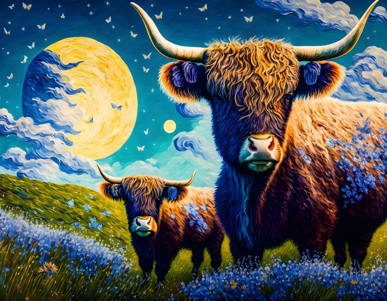 Stylized highland cattle in field with blue flowers under yellow moon