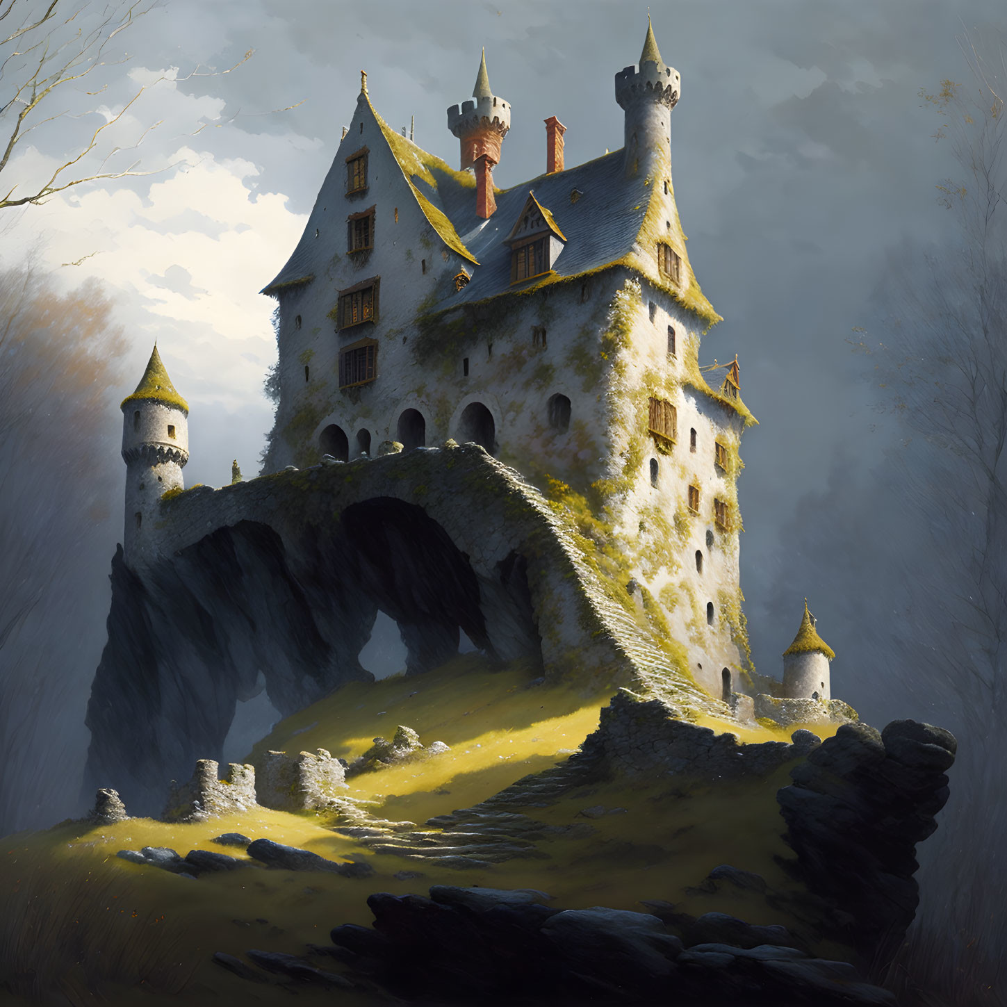 Medieval castle on rocky cliff with arched entrance and bridge in sunlight.