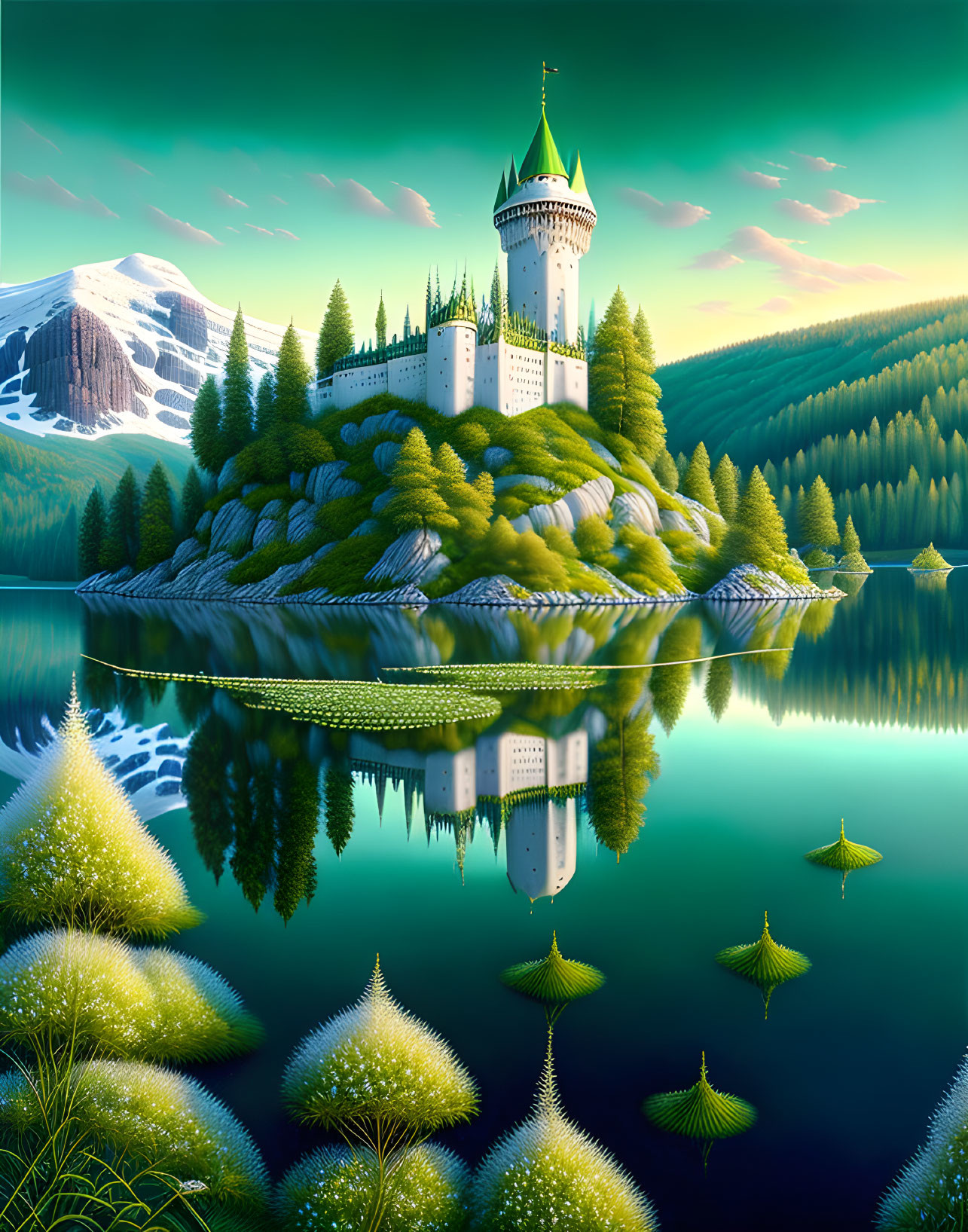 Castle on forested island mirrored in calm lake with dandelions and mountains.