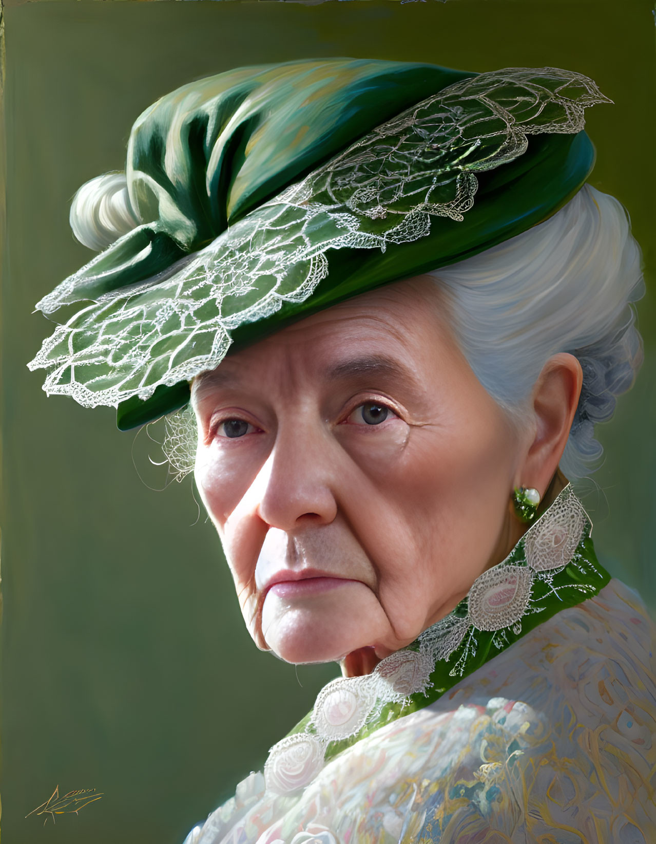 Elderly Woman Portrait in Green Hat and Lace Details