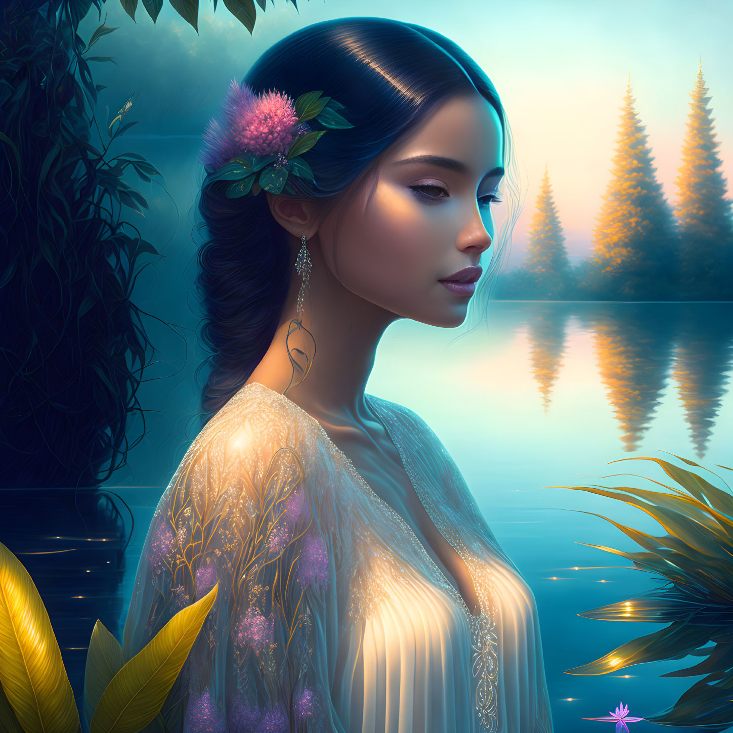 Woman with Floral Hairpiece Contemplating by Tranquil Lake at Dusk